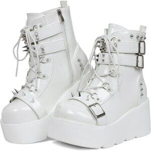 Women Polyurethane White Round Toe Buckle Leather Platform Side Zip Ankle Boot
